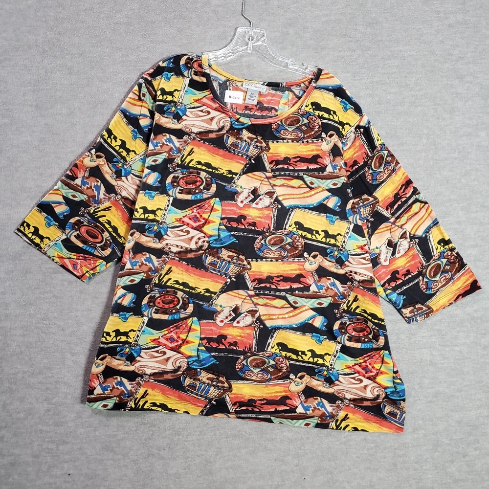 Catherines Women Top 2x Yellow Shirt Southwestern‎ Aztec Sequins Graphic